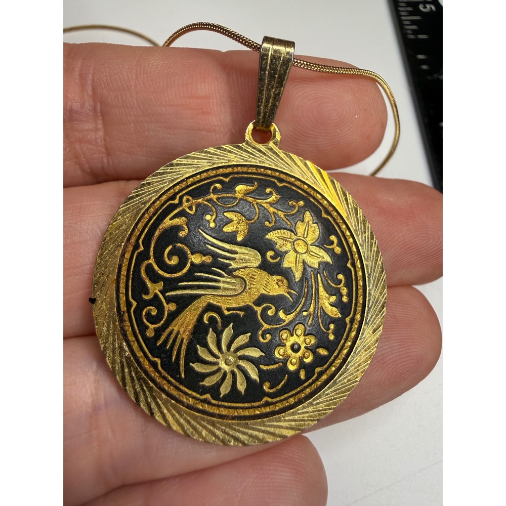 Gold Tone Round Damascene Style Bird Floral Pendant Necklace Snake Chain 18-20in